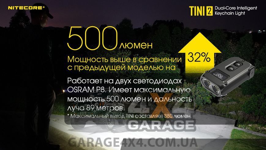 Ліхтар вмикний Nitecore TINI 2 (2xOSRAM P8, 500 люменів, 5 режимів, USB Type-C), сірий 6-1432_2_grey фото