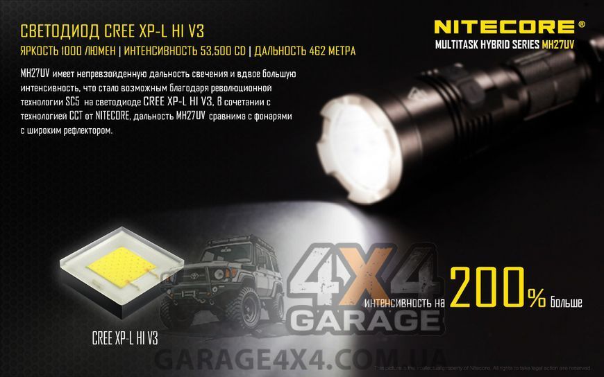 Фонарь Nitecore MH27UV (Сree XP-L HI V3 + ultraviolet LED, 1000 люмен, 13 режимов, 1х18650, USB) 1870744670 фото
