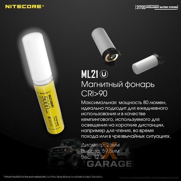 Ліхтар магнітний Nitecore ML21 (80 люмен, 1 режим, 1x21700) 1870750294 фото