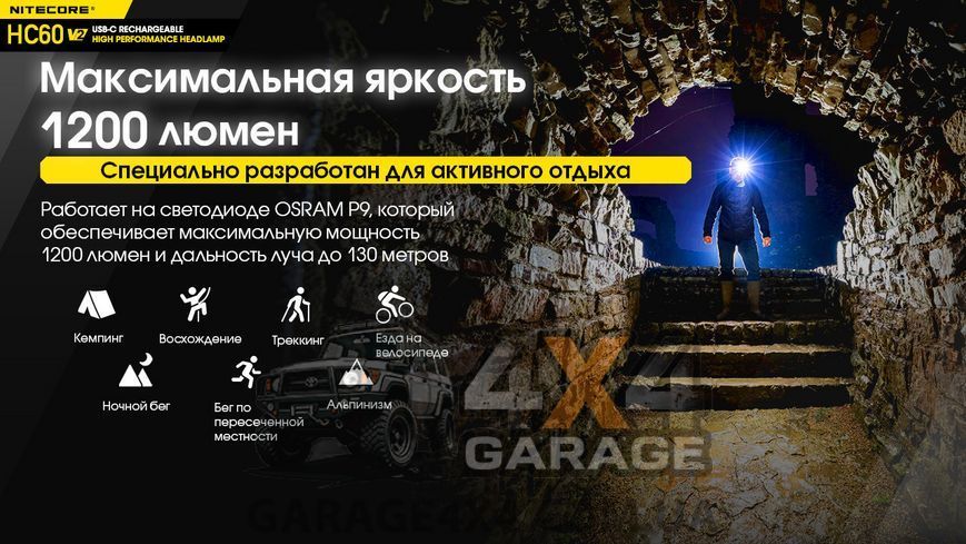 Фонарь налобный Nitecore HC60 V2 (OSRAM P9, 1200 люмен, 8 режимов, 1x18650, USB Type-C) 6-1211_V2 фото