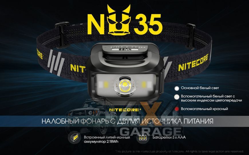 Ліхтар налобний Nitecore NU35 (Cree XP-G3 S3 + Red Led, 460 люменів, 10 режимів, 3xAAA, USB Type-C) 1870750630 фото
