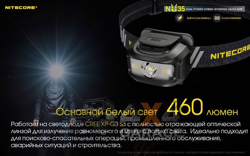 Ліхтар налобний Nitecore NU35 (Cree XP-G3 S3 + Red Led, 460 люменів, 10 режимів, 3xAAA, USB Type-C) 1870750630 фото