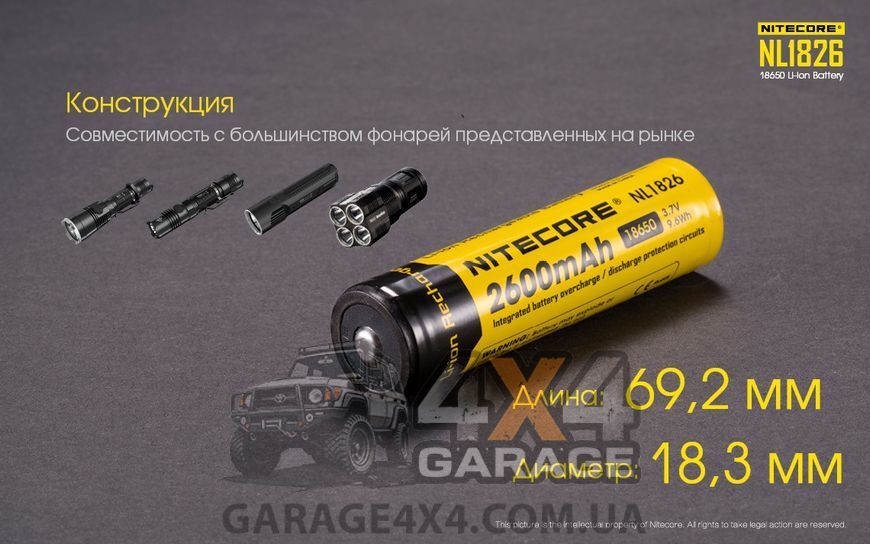 Акумулятор літієвий Li-Ion 18650 Nitecore NL1826 3.7 V (2600mAh), захищений 1870743526 фото