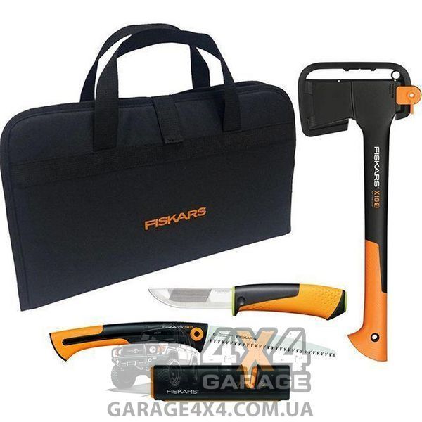 Большой подарочный набор Fiskars: туристический топор, точило, нож в чехле, складная пила (2021282) 2021282 фото