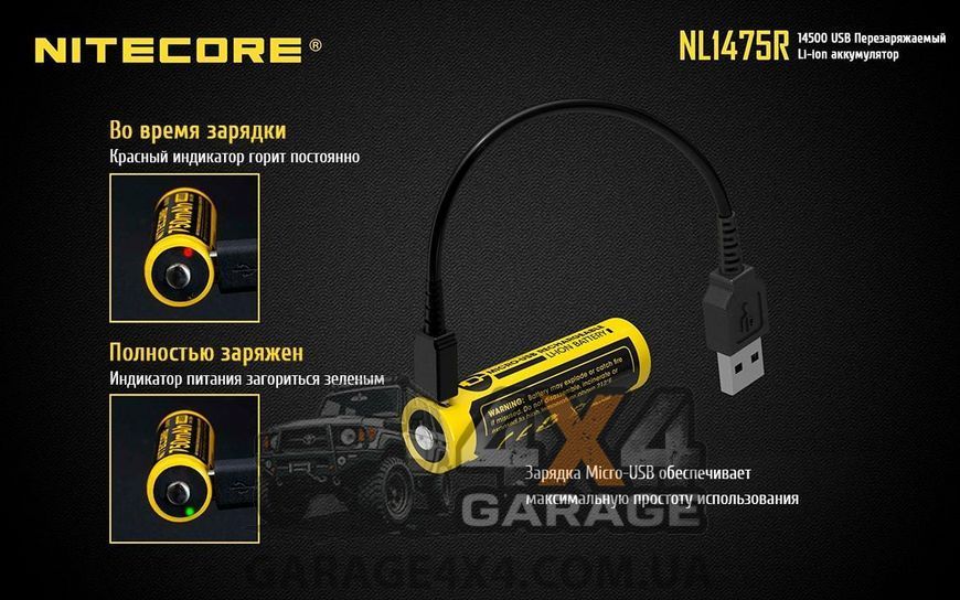 Аккумулятор литиевый Li-Ion 14500 Nitecore NL1475R 3.6V (750mAh, USB), защищенный 1870745713 фото