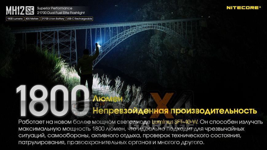 Фонарь Nitecore MH12SE (SFT-40-W LED, 1800 люмен, 8 режимов, 1х21700) 1870752212 фото