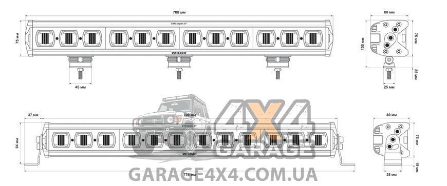 Світлодіодна балка ближнього світла ProLight EVO 28" (120Вт) Бокове кріплення 00-28120 фото