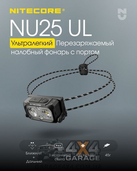 Ліхтар налобний Nitecore NU25 UL NEW (400 люменів, 12 режимів, USB-C), чорний 1870752762 фото